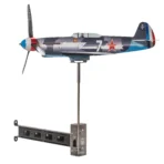 Heavy duty stainless steel wall mounting arm with installed Yak-9 weathervane and wind spinner