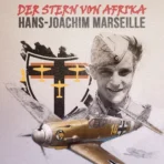 Graphic poster with Hans Joachim Marseille Luftwaffe Jagdgeschwader 27 squadron emblem and Bf109 fighter jet