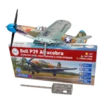 Assembled Bell P39 Airacobra fighter stainless steel weathervane and wind spinner next to its gift packaging