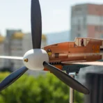 Close up of Marseille Bf109 wind sculpture installed in urban environment as kinetic décor for outdoor space