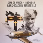 Graphic poster showing Luftwaffe JG 27 squadron emblem and Marseille Bf109 fighter aircraft
